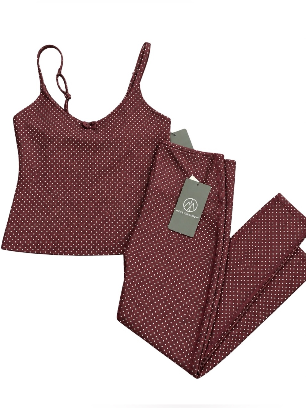 Move Theology Polka Dot Tank Top & Leggings Set Mauve Wine Burgundy S NWT